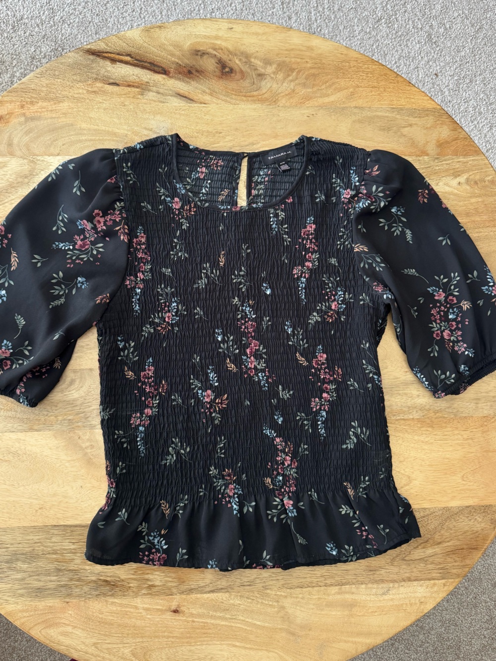 Tahari Black Floral Smocked Blouse with Puff Sleeves